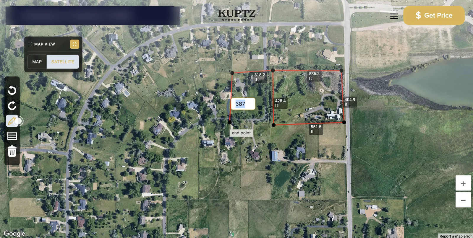 Kuptz fence drawing tool: measuring a property on satellite view