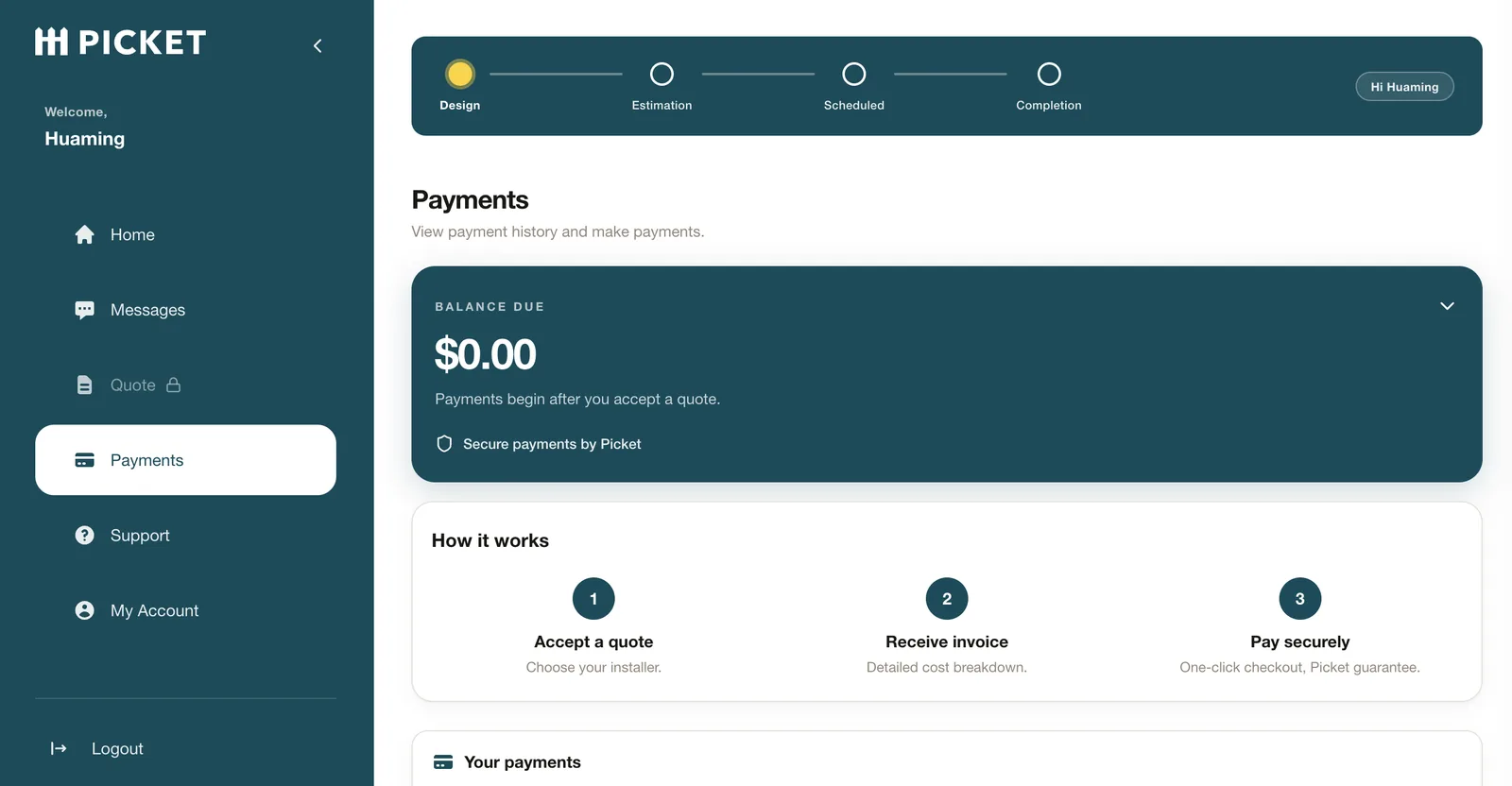 Picket customer portal: payments dashboard with project progress